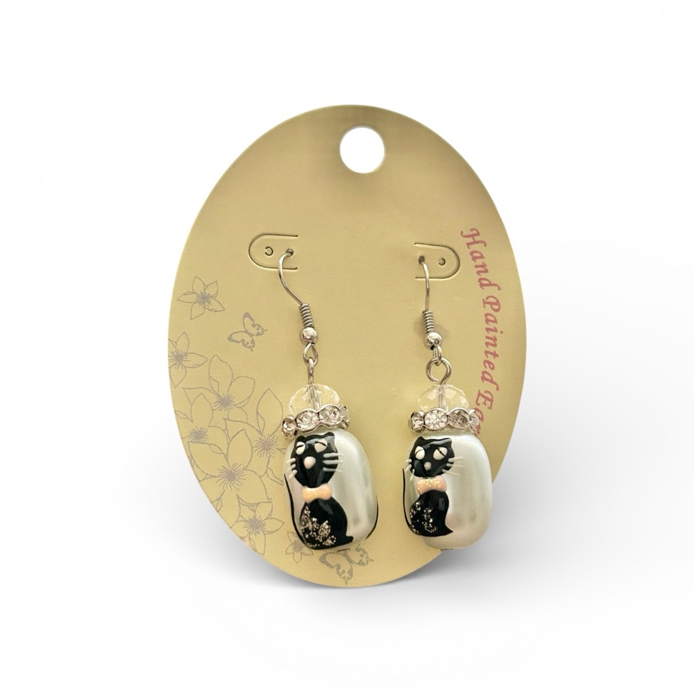 Hand Painted Black Cat Dangle Earrings Rhinestone Crystal